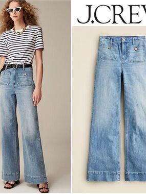 J. Crew Light Blue Wide-Leg Denim Jeans with Gold Buttons